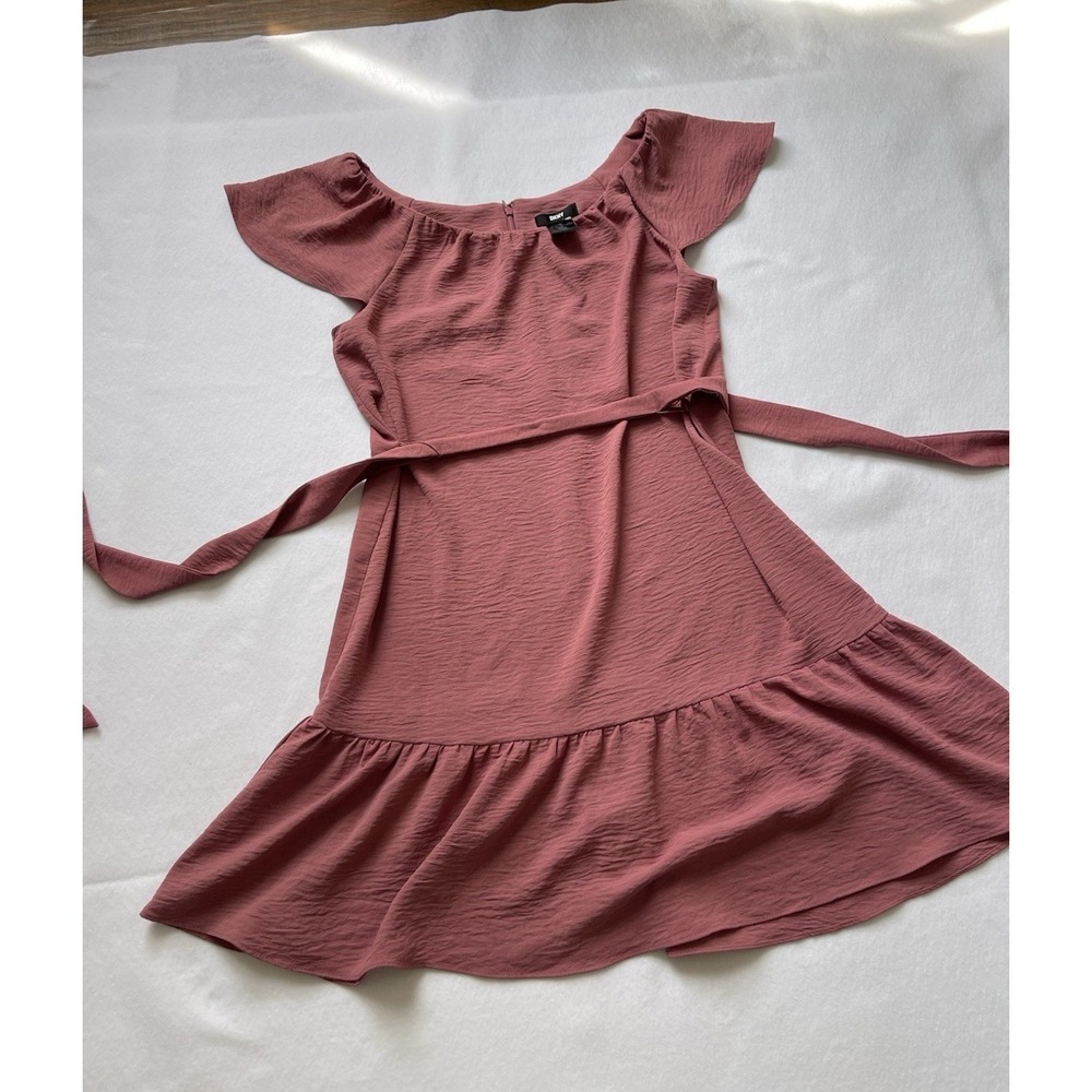 DKNY Mauve Fit & Flare Dress Short Flutter Sleeve Ruffle Belt Size 4
